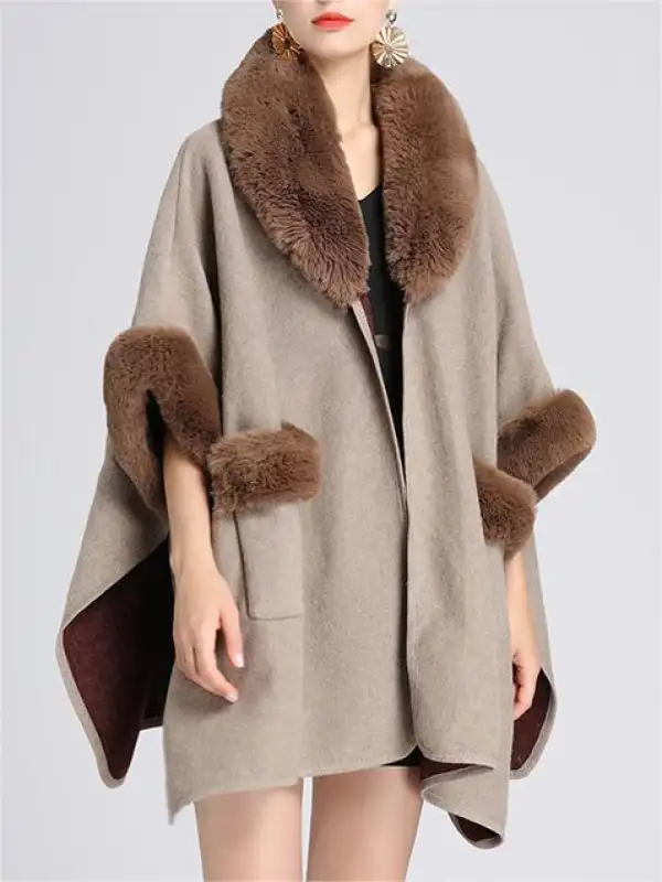 Women's Imitation Rabbit Fur Collar Shawl Cape Loose Woolen Coat Cardigan - Ninacloak.com 