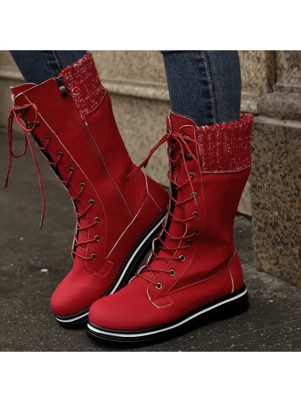 Women's PU Stitching Snow Boots Mid-calf Flat Heel Side Zipper Round Toe Martin Boots - Gethefashion.chimpone.com 