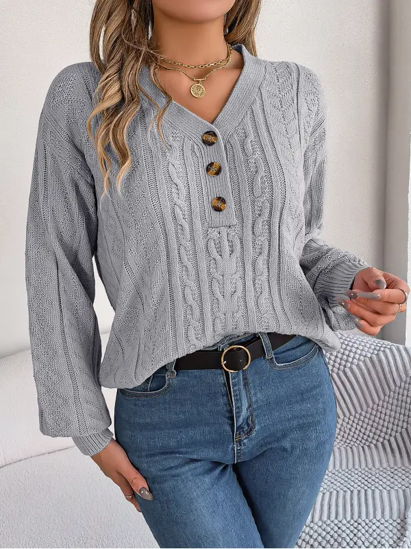 Women's Retro Jacquard Knitted Button V-Neck Balloon Sleeve Sweater - Ninacloak.com 