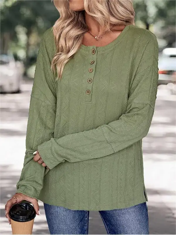 Women's Retro Jacquard Knit Button Long Sleeve T-Shirt - Ninacloak.com 