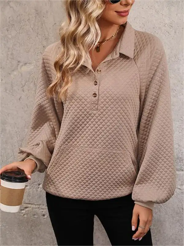 Women's Vintage Quilted Button Lapel Casual Sweatshirt - Ninacloak.com 