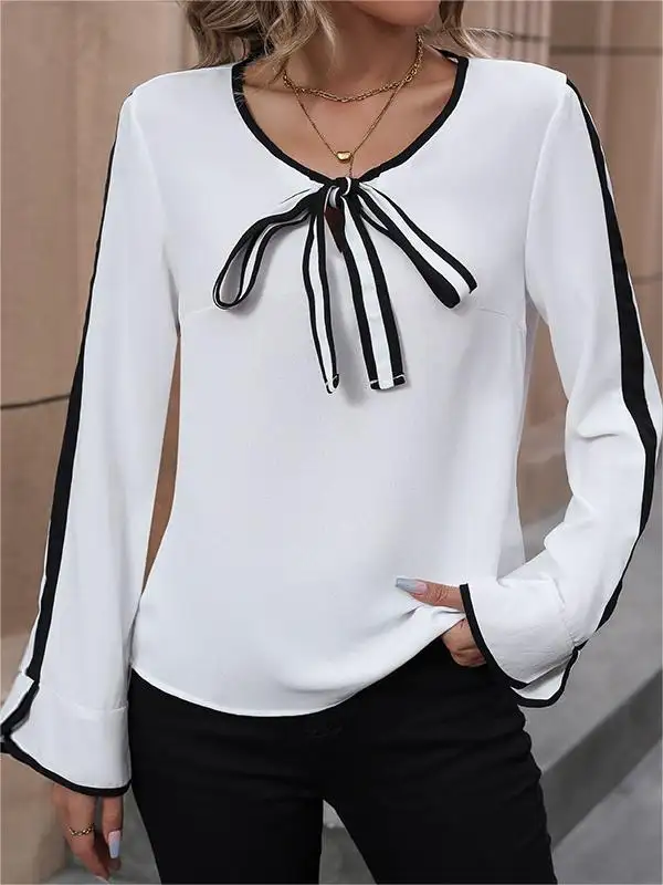 Women's Elegant Lace-up Black And White Contrast Color Blouses With Bow - Ninacloak.com 