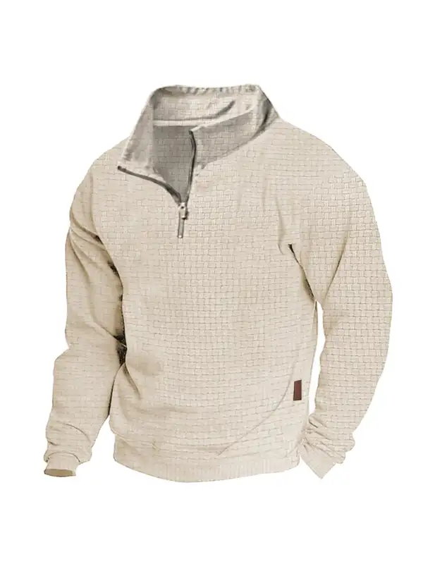 Men's Sweatshirt Quarter Zip Jacquard Plaid Stand Collar Vintage Daily Tops - Ninacloak.com 