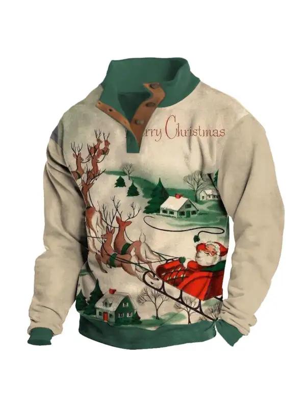 Men's Sweatshirt Santa Claus Reindeer Christmas Buttons Stand Collar Daily Tops - Ninacloak.com 