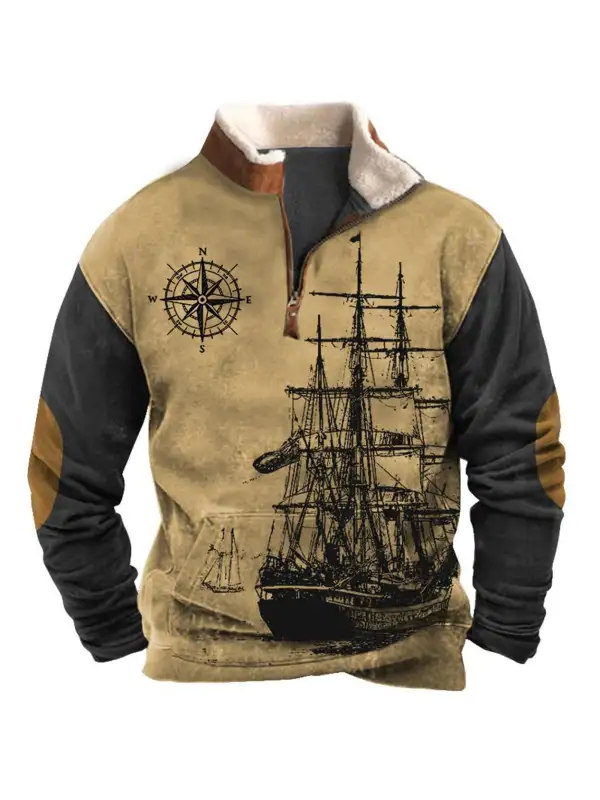 Men's Sweatshirt Quarter Zip Nautical Sailing Compass Plush Collar Vintage Daily Tops - Ninacloak.com 