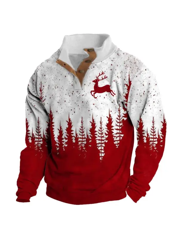 Men's Sweatshirt Christmas Tree Reindeer Stand Collar Buttons Daily Tops Red - Ninacloak.com 