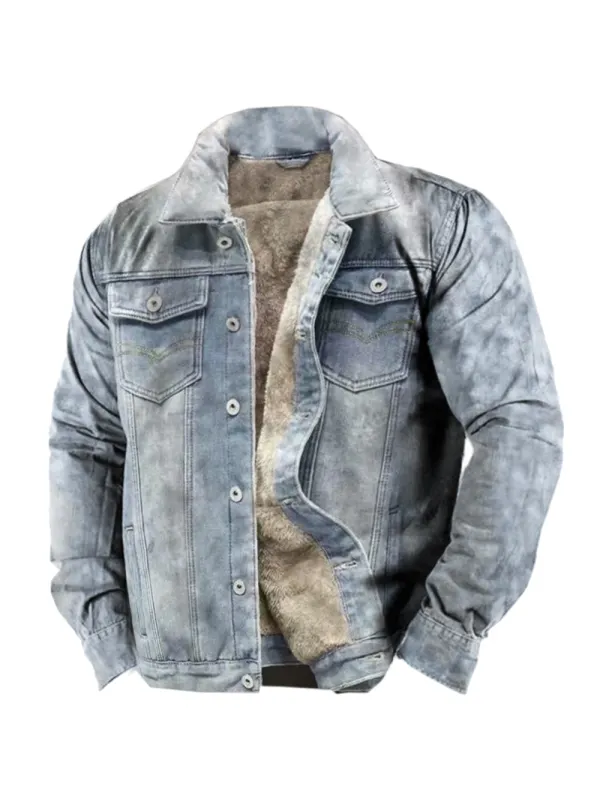 Men's Outdoor Vintage Denim Fleece Cargo Jacket - Ninacloak.com 