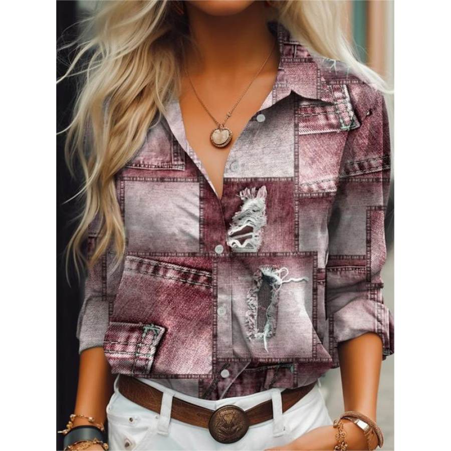 

Chemise Imprimée Patchwork En Denim Vintage Pour Femme