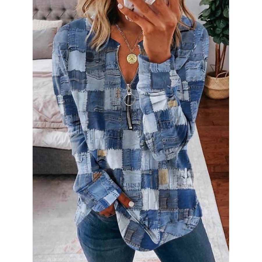 

Haut Décontracté à Manches Longues Pour Femmes Imitation Denim Fermeture éclair Imprimée Col Rond