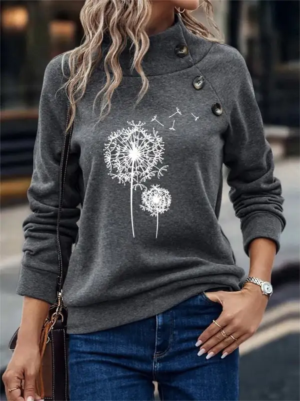 Women's Floral Print Button Stand Collar Casual Sweatshirt - Cominbuy.com 