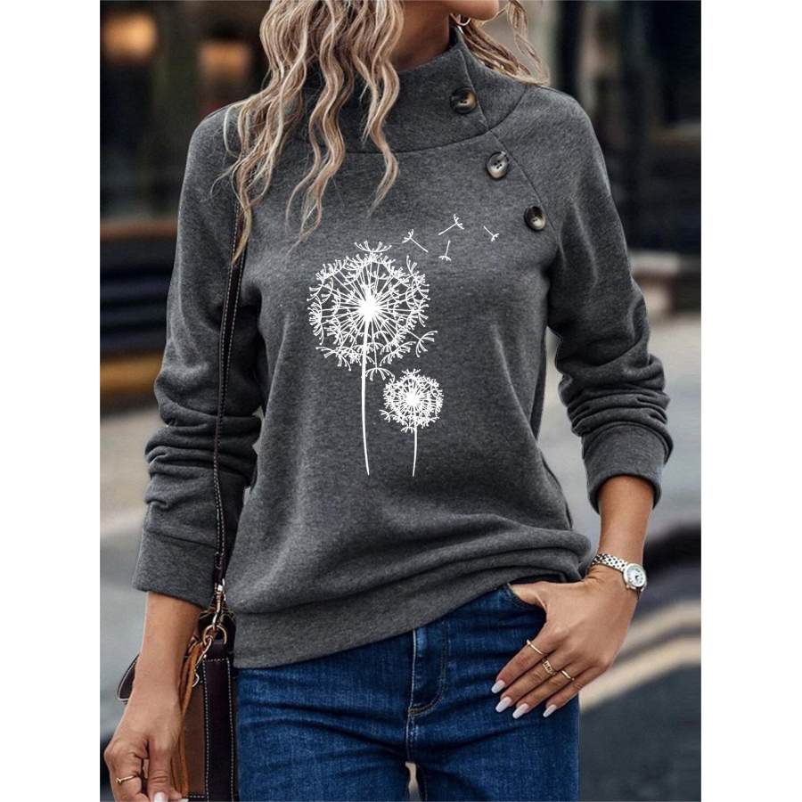 

Lässiges Damen-Sweatshirt Mit Blumendruck Und Knöpfen Und Stehkragen