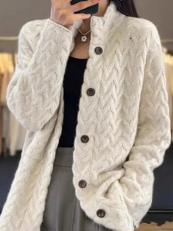 Women's Thickened Twist Stand Collar Loose Solid Color Knitted Sweater Cardigan - Ninacloak.com 