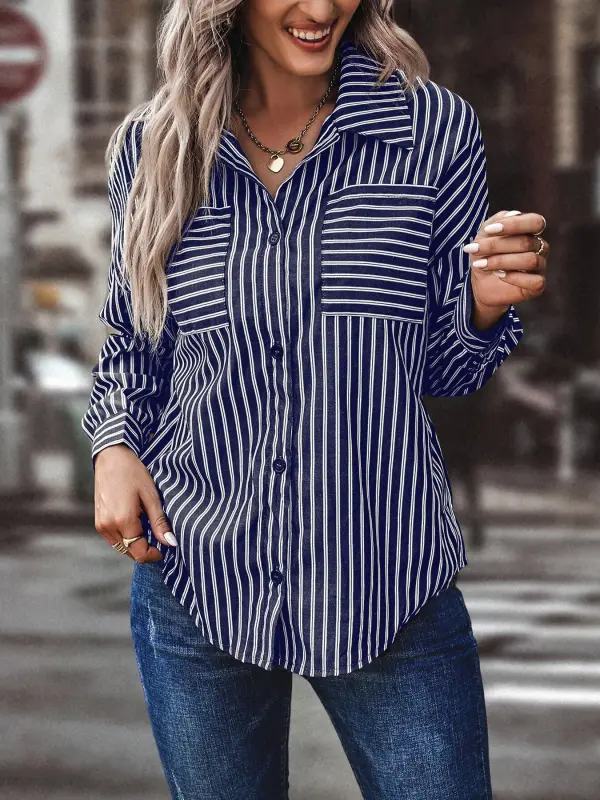 Women's Retro Casual Striped Pocket Shirt - Ninacloak.com 