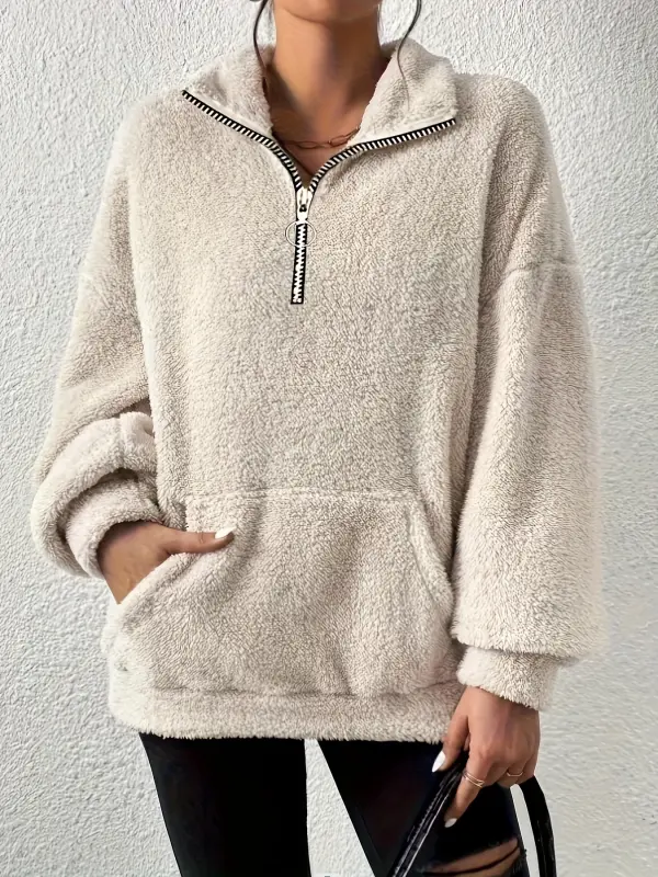 Women's Loose Fleece Zipper Stand Collar Pocket Sweatshirt - Ninacloak.com 