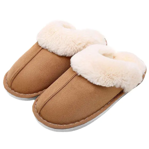 Women's Faux Fur Slippers Fleece Lined Suede Leather Pull On Round Toe Casual Cotton Slippers - Cotosen.com