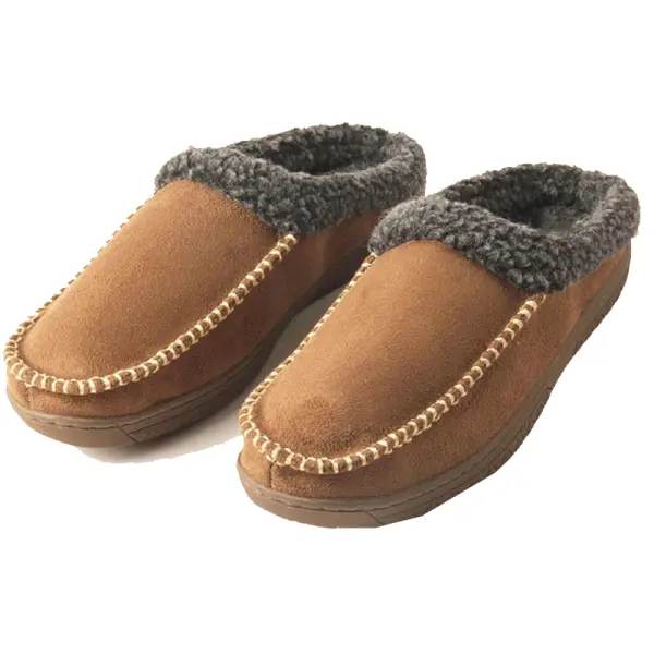 Men's Faux Fur Slippers Fleece Lined Suede Leather Pull On Round Toe Casual Cotton Slippers - Cotosen.com