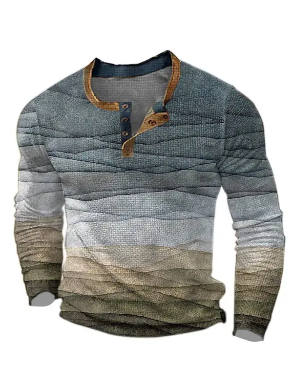 Men's Henley T-Shirt Vintage 3D Print Color Block Festival Holiday Outdoor Long Sleeve Tops - Ninacloak.com 