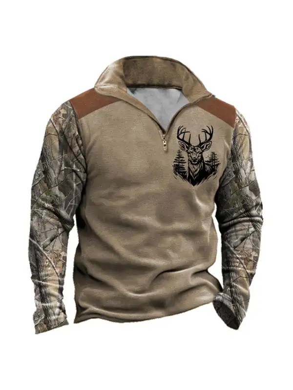 Men's Sweatshirt Quarter Zip Hunting Deer Branch Vintage Color Block Daily Tops - Ninacloak.com 