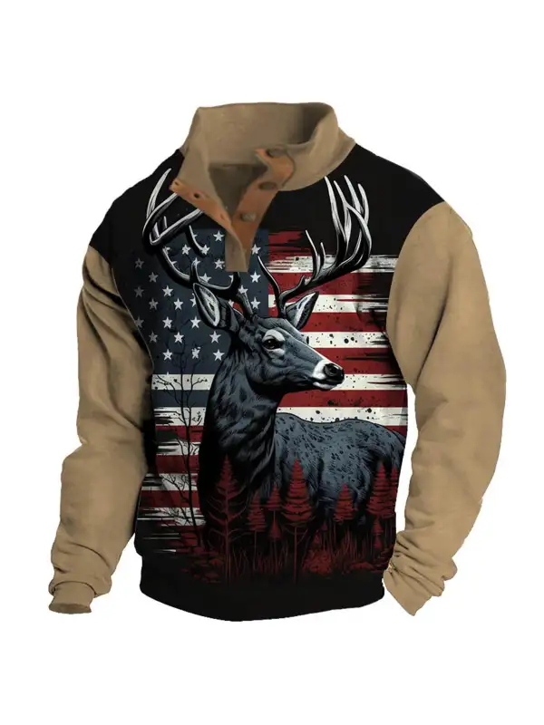 Men's Sweatshirt Hunting Deer USA Flag Buttons Stand Collar Daily Tops - Ninacloak.com 