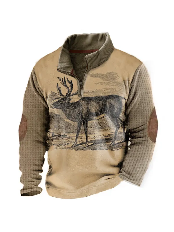 Men's Vintage Elk Print 1/4 Zip Waffle Sweatshirt Outdoor Stand Collar Thick Tactical Pullover Khaki Tops - Ninacloak.com 