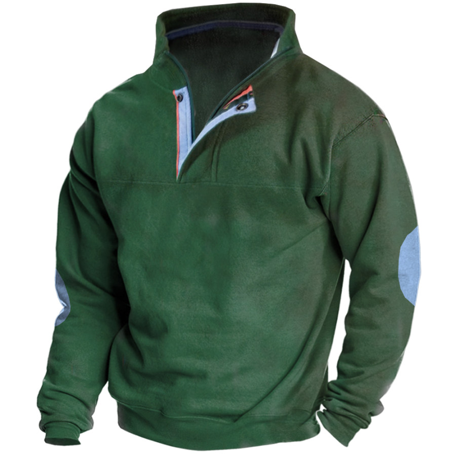 

Мужской пуловер с воротником на молнии 1/4 и нашивками на локтях длинный рукав уличная толстовка зеленый