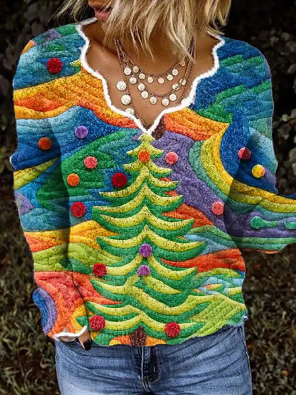 Women's Colorful Christmas Tree Print Wave Neck Long Sleeve Top Christmas Sweater - Ninacloak.com 