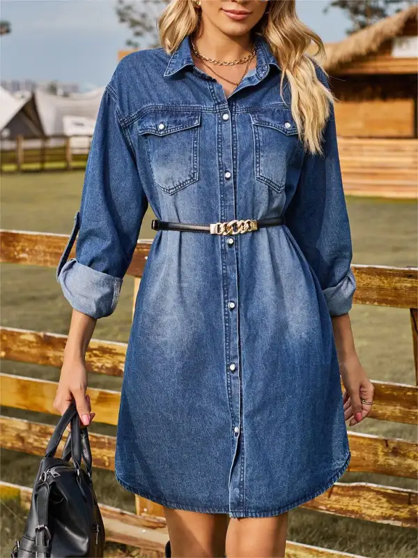 Women's Washed Denim Loose Casual Long-sleeved Dress With Adjustable Buttons - Ninacloak.com 