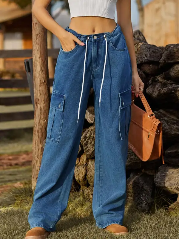 Women's Denim Drawstring Adjustable Washed Cargo Pants Casual Pants - Viewbena.com 