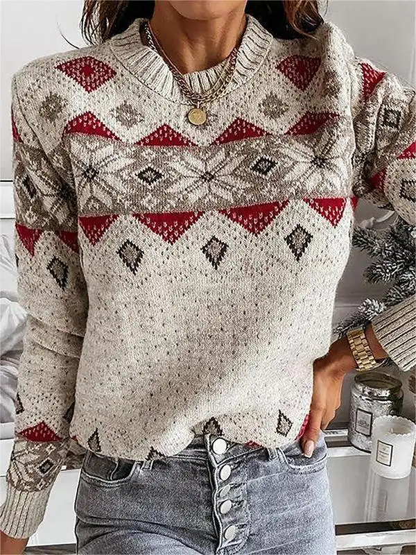 Women's Retro Geometric Diamond Contrast Color Sweater Warm Knitted Sweater Round Neck Top - Ninacloak.com 