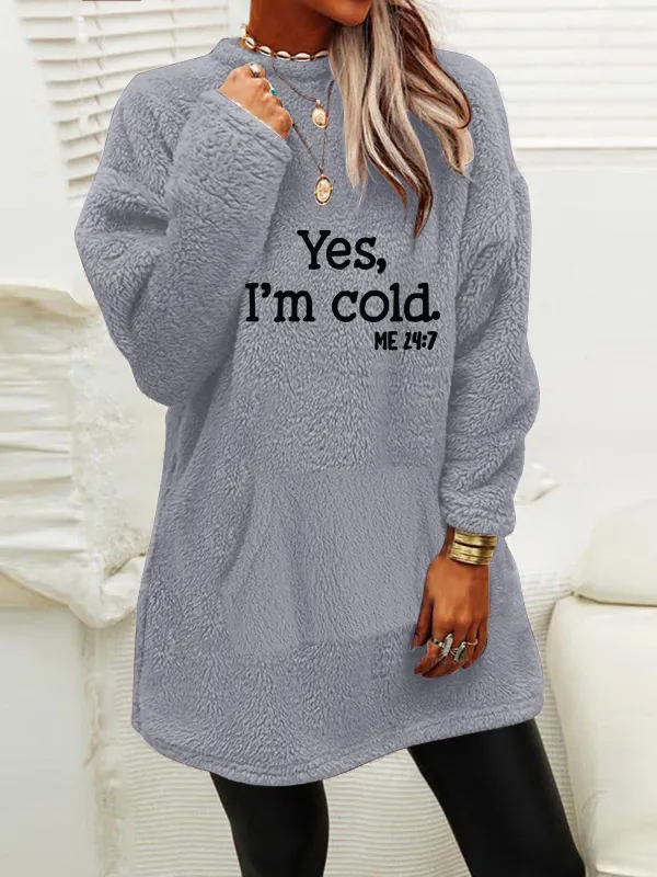 Women's Autumn And Winter Solid Color Fleece Warm Lettering Pocket Round Neck Sweatshirt - Ninacloak.com 