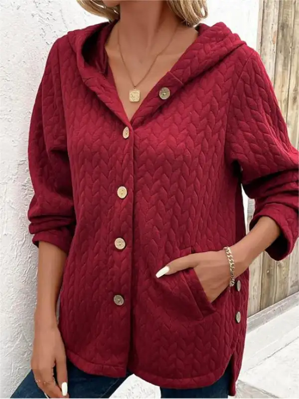 Women's Solid Color Buttoned Long Sleeve Hooded Sweatshirt Jacket - Ninacloak.com 