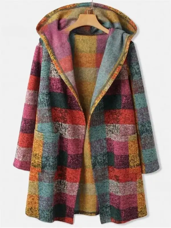Women's Retro Colored Checked Knitted Fleece Cardigan Coat - Ninacloak.com 