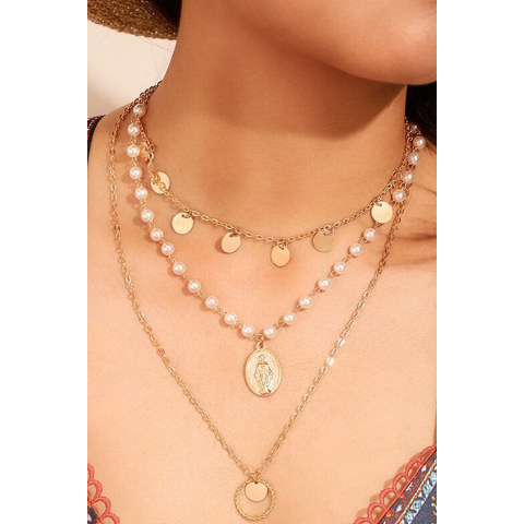 Womens Bohemian Geometric Alloy Pearl Multilayer Necklace