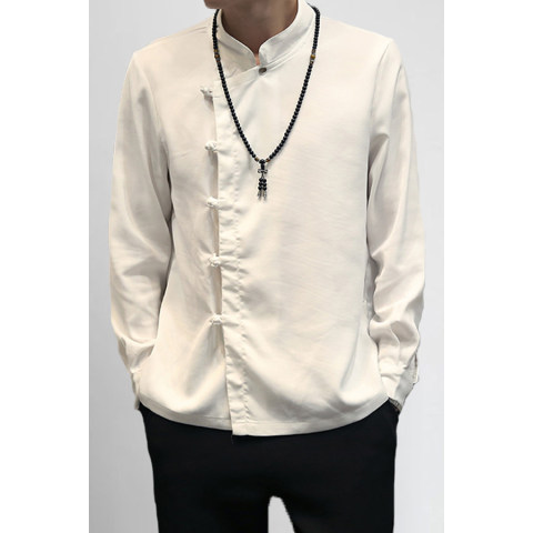 Retro mens casual irregular diagonal button cotton linen shirt