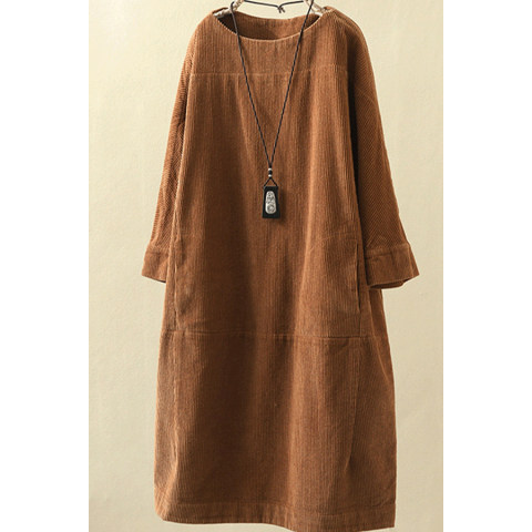 Autumn and winter retro pocket corduroy solid color loose casual dress