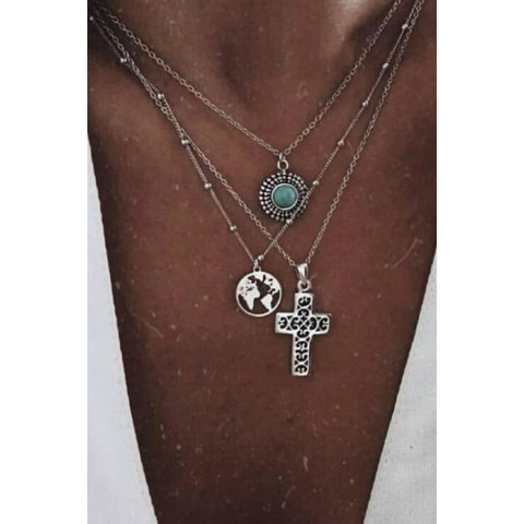 Map cross micro inlaid turquoise multilayer necklace female