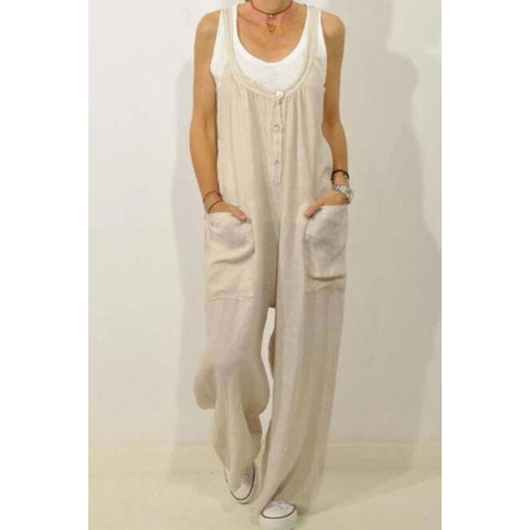 Cotton And Linen Overalls Pockets Solid Color Elasticated Button Jumpsuit