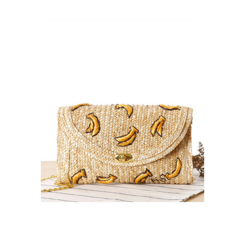 Banana Embroidered Woven Flap Clutch Bag