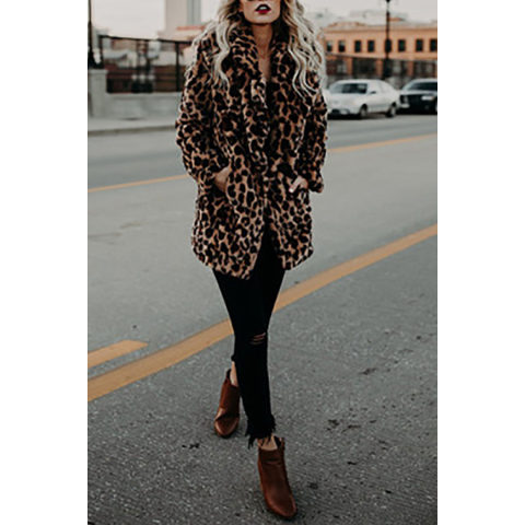 Womens Fashion Leopard Lapel Coat