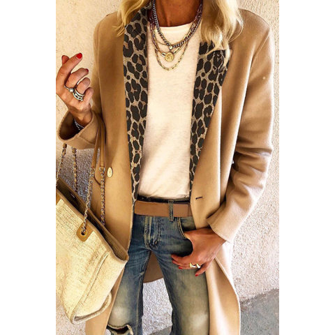 Womens fashion leopard stitching long sleeve coat