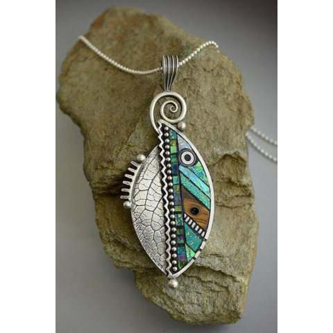 Abstract iridescent green leaf pendant necklace