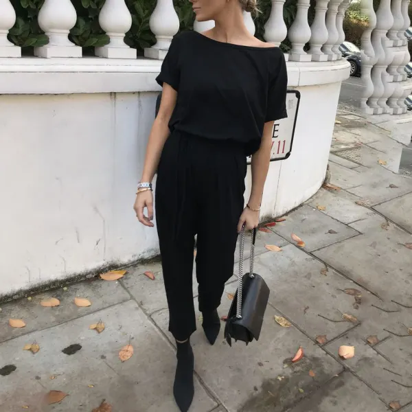 One shoulder solid color casual home loose short sleeve jumpsuit - Leanarea.chimpone.com 