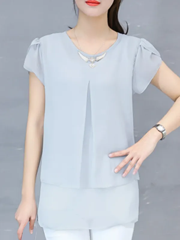 Round Neck Neckline Decoration Plain Polyester Blouses - Charmwish.com 