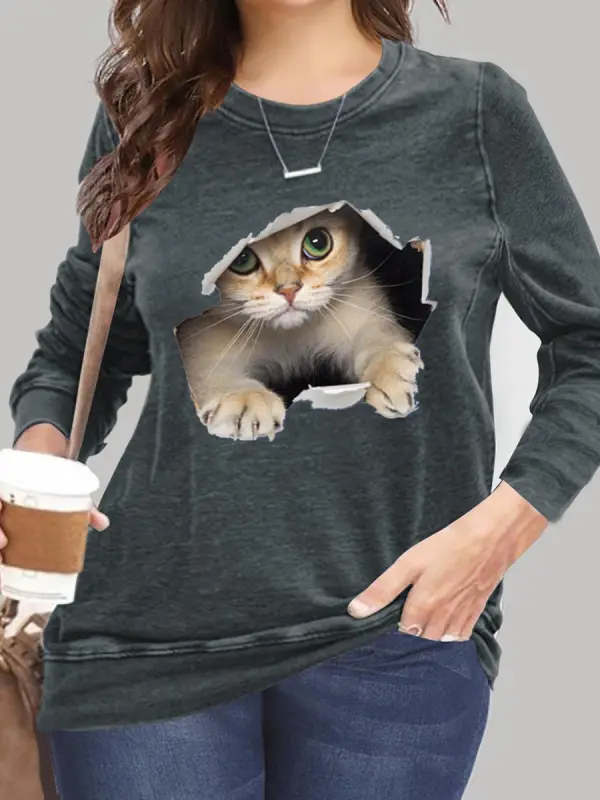 Casual Cat Print Crew Neck T-shirt - Charmwish.com 