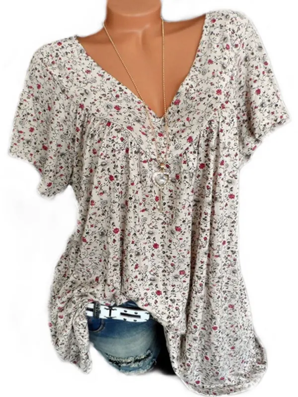 V Neck  Loose Fitting  Floral Printed Blouses - Charmwish.com 