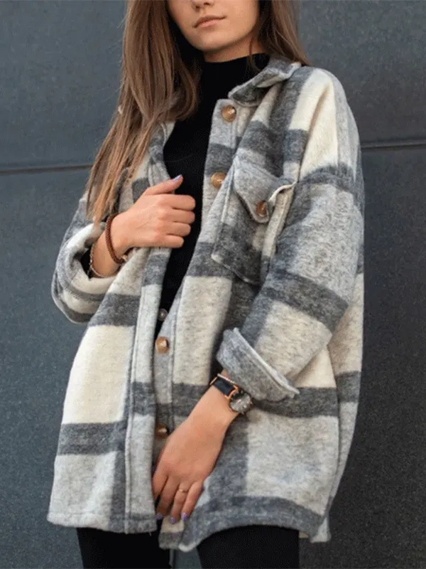 New casual long-sleeved plaid woolen coat - Charmwish.com 