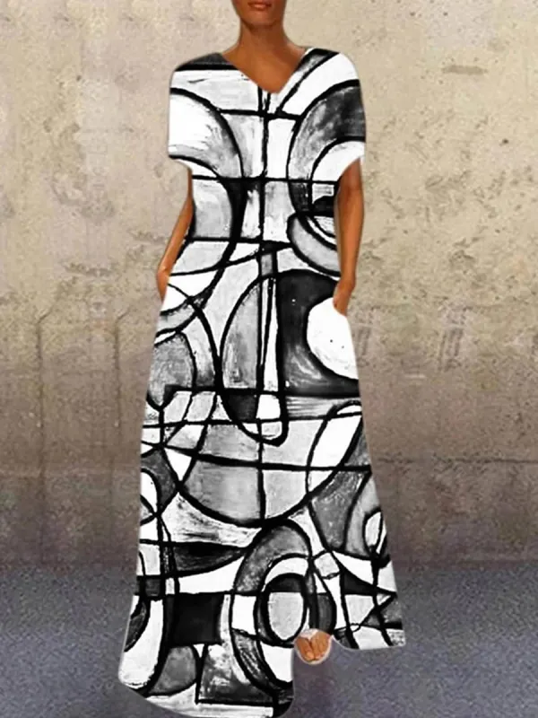 Vintage Print V-neck Maxi Dress - Charmwish.com 