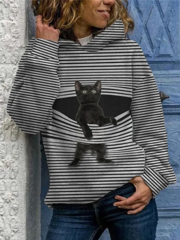 Striped Cartoon Cat Print Sweatshirt - Charmwish.com 