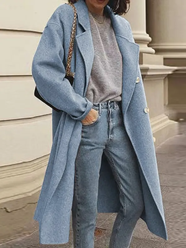 Solid Color Woolen Double-breasted Coat - Charmwish.com 