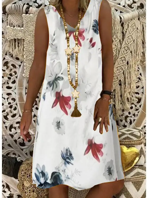 Vintage Print Sleeveless V-Neck Midi Dress - Charmwish.com 